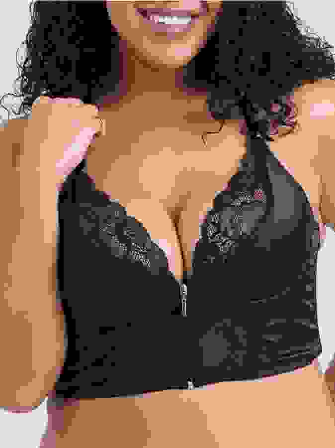 Lovehoney Plus Size Front-Fastening Satin Longline Bra Black, Black, hi-res